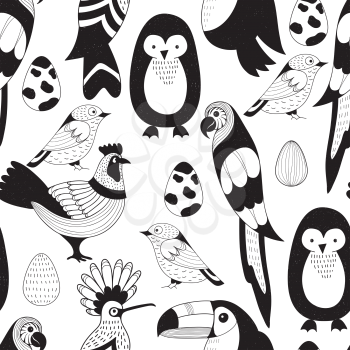 Vector Seamless Pattern with birds and eggs. Incluedes: Parrot, toucan, hoopoy, rooster, penguin, sparrow. Scandinavian style.