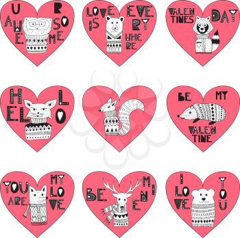 Vector Valentine's Day Hearts with  Doodle Animals 