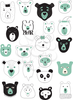 Vector Winter Bears Set. 21 different bears' heads