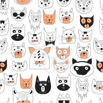 Vector Seamless Pattern with Doodle Cats