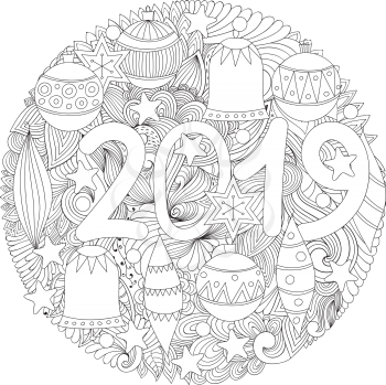 Vector New Year 2019 Colouring Page with Retro Christmas Balls. 