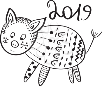 Vector 2019 New Year Greeting Card with Pig.  Hand drawn doodle style
