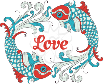 Vector Valentines card with love fishes. two fishes in circle.  Retro vintage style. 