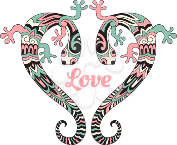Vector Valentines card with love lizards. two lizards in the form of a heart.  Retro vintage style.