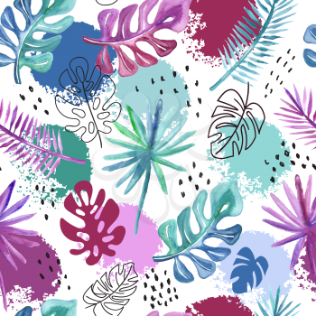 Vector seamless  tropical pattern with watercolor palm leaves and grungy dots and blobs.