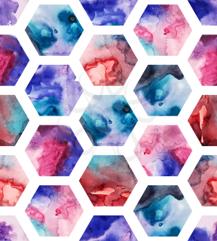 Vector Seamless Pattern with Watercolor Hexagons. Textured Hand drawn background