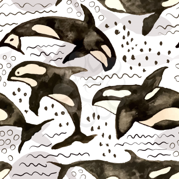 Vector Seamless Pattern with Watercolor Orcas. Underwater Hand Drawn Background