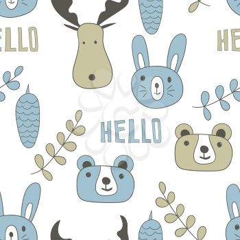 Vector Seamless Pattern with  Cartoon Mooses, Rabbits, Bears,Branches, and Hello. Scandinavian style