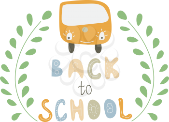 Vector Back to School Print with a school bus and green branches. Scandinavian stryle.