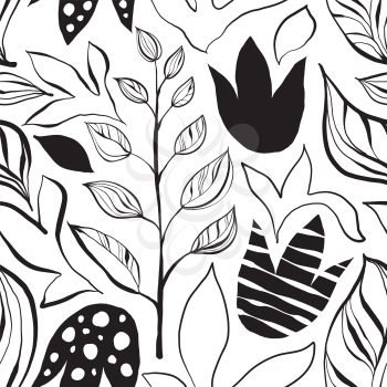 Vector Seamless Monochrome Abstract Floral Pattern. Scandinavian Style.