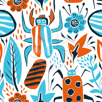 Vector Summer Seamless Pattern with Bugs and Leaves. 