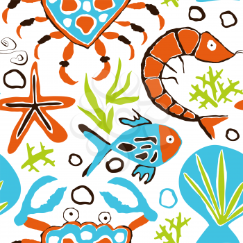 Vector Seamless Underwater Pattern with crabs, shrimps, seastars and fish. Scandinavian naive style. 