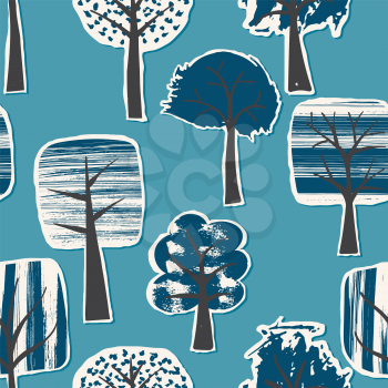 Vector Seamless Pattern with Paper Cut Winter  Trees Covered with Snow. Scandinavian Naive Style. Collage