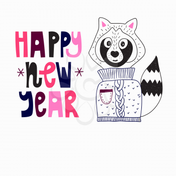 Vector New Year Greeting Card with Raccoon. Happy new year. 
