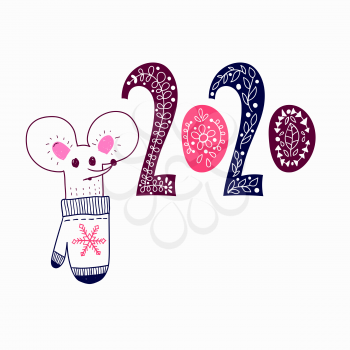 Vector 2020 New Year Greeting Card with mouse and decorated 2020