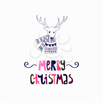 Vector  Christmas Greeting Card with Deer and Christmas Letterings.  