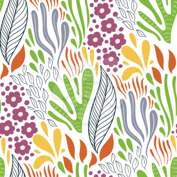 Vector Seamless Doodle Pattern with Flowers and Leaves