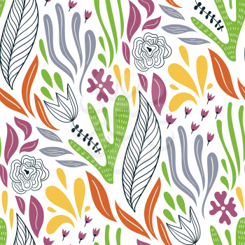 Vector Seamless Doodle Pattern with Flowers and Leaves