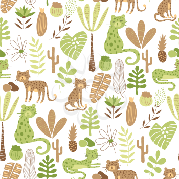 Vector Seamless Safari Pattern with leopards and savannah landscape