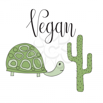 Vector Vegan Awareness Card with Turtle and Cactus