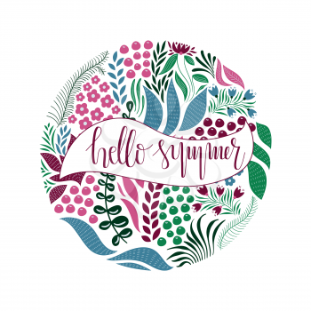 Vector Circle  Pattern with Flowers, Berries, and Leaves. Hand Lettering Text. Hello Spring.  Spring Greeting Card Design