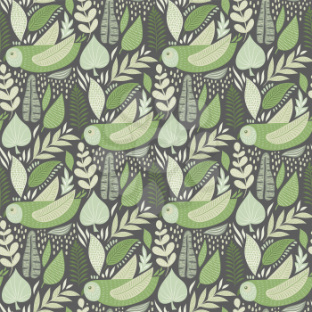 Vector Seamless Tough  Pattern with Owls and Floral Elements. Scandinavian style. Green Pastel Colours