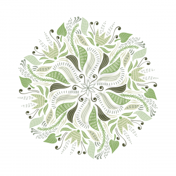 Vector Circle  Pattern with Flowers, Berries, and Leaves. Green Spring Greeting Card Design