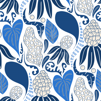 Vector blue Seamless Tough  Pattern with Flowers and Leaves. 