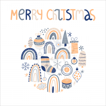 Vector Merry Christmas Greeting Card. Vector Christmas Pattern with boxies, toys, rainbow, fir trees, socks, etc. Childish naive scandinavian style. 