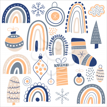Vector Christmas Pattern with boxies, toys, rainbow, fir trees, socks, etc. Childish naive scandinavian style. Design Elements set