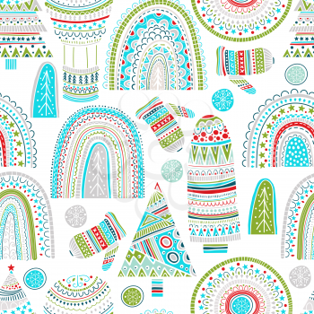 Vector Christmas Design Elements set with  rainbows, fir trees, snowflakes and balloon etc. Childish naive scandinavian style. 