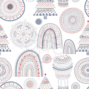 Vector Seamless Christmas Pattern with  rainbow, fir tree, snowflakes and balloon etc. Childish naive scandinavian style. Design Elements set