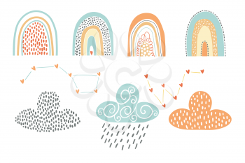 Vector Design Elements. Rainbows, Clouds, and Constellations. Scandinavian Naive Style

