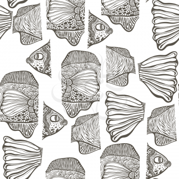 Vector seamless funky cut fish  conceptual pattern, engraving style 