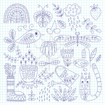Vector Spring Doodles Drawn in the Checked Notebook. Funny Summer Outdoor Doodles.