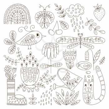 Vector Spring Colouring Page. Funny Summer Outdoor Doodles.