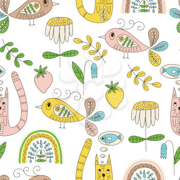Vector Seamless Spring Pattern with Birds, Cats, and Rainbows. Funny Summer Outdoor Doodles.