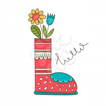Vector Greeting Card with shoe full of flowers with hand lettering text hello