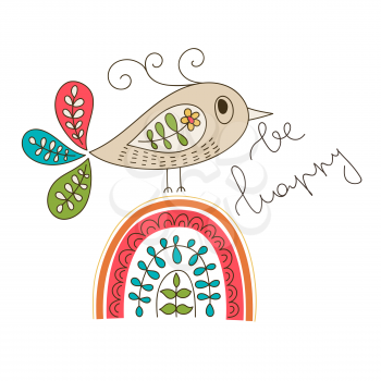Vector Greeting Card with a Bird Sitting on a rainbow and tweetering be happy. Funny Summer Outdoor Doodles.