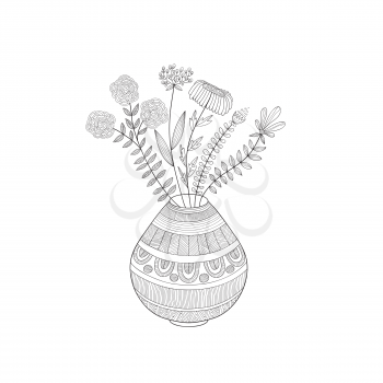 Vector Composition with Pot and Fantastic Summer Flowers. Highly Detailed Adult Colouring Page with Bouquet