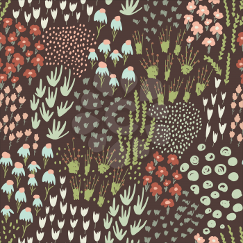 Vector Seamless Floral Pattern. Hand Drawn Flowers on brown background