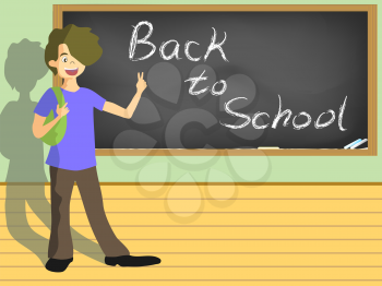Royalty Free Clipart Image of a Student by a Chalkboard