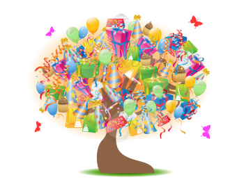 Royalty Free Clipart Image of Birthday Gifts in a Tree