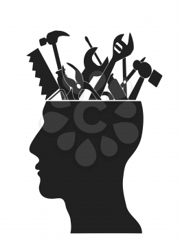 Royalty Free Clipart Image of Tools in a Person's Head
