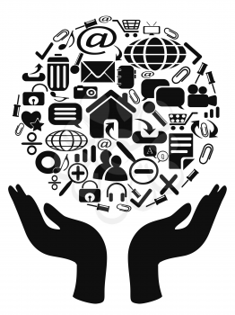Royalty Free Clipart Image of Hands Holding Internet Icons