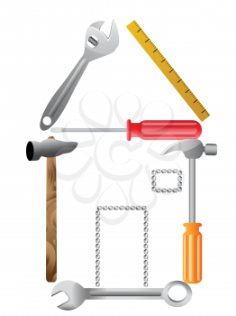 Royalty Free Clipart Image of Tools Making a House