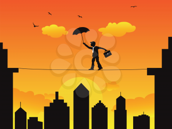 Royalty Free Clipart Image of a Businessman Walking on a Tightrope