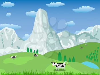 Royalty Free Clipart Image of Cows by a Mountain