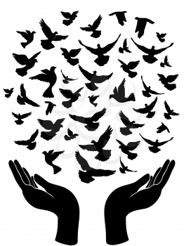 Royalty Free Clipart Image of a Person Releasing Birds