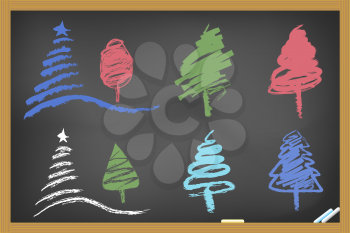 Royalty Free Clipart Image of Christmas Trees on a Chalkboard